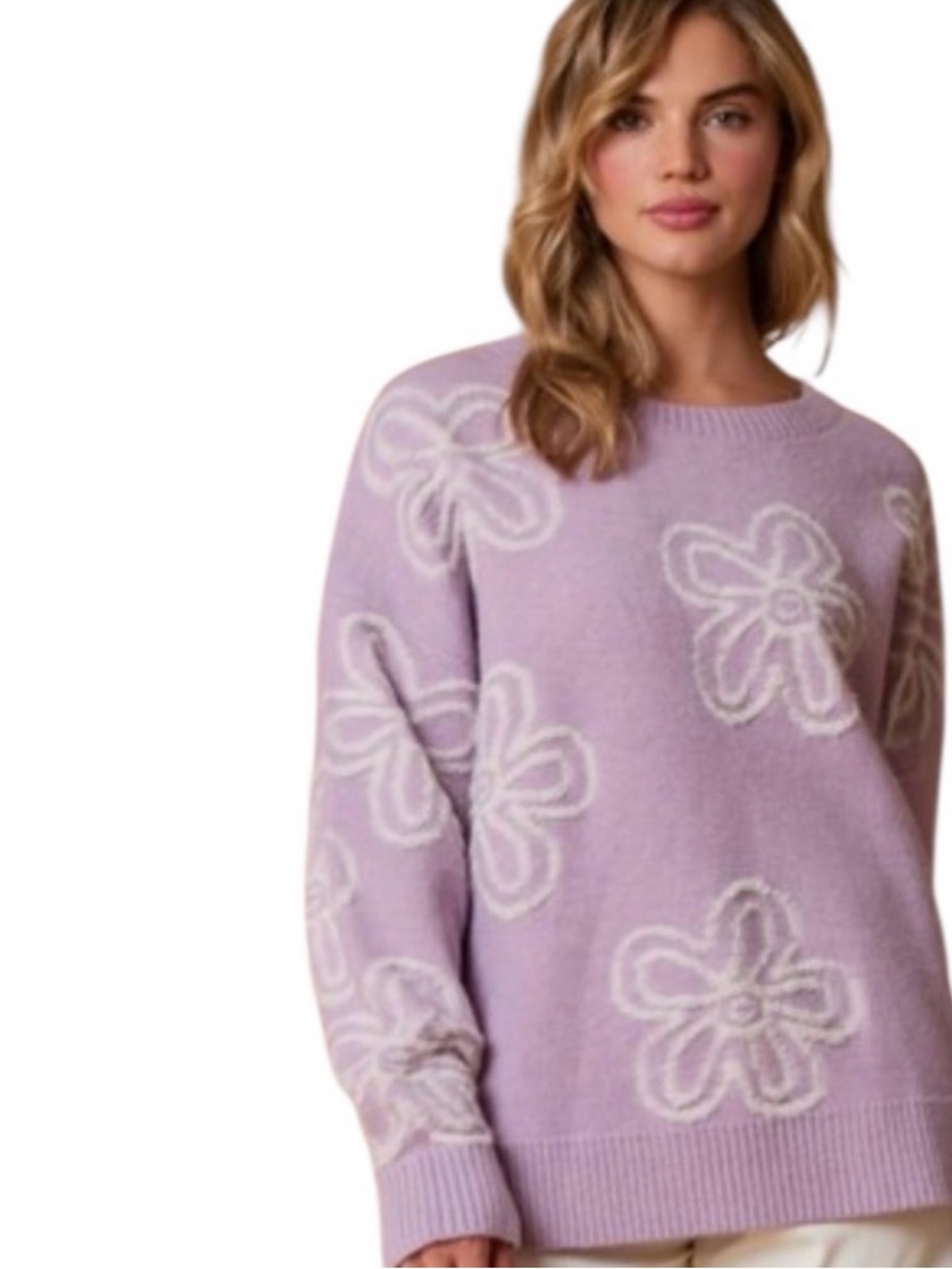 Fantastic Fawn Lavender Oversized Floral Crewneck Sweater